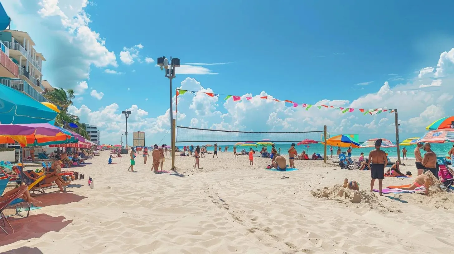 nzvimbo inoyevedza yepamhenderekedzo yegungwa paMiami beach inoratidzira mhuri nemapoka arikunakidzwa nemitambo yakasiyana-siyana sebhishi volleyball, paddleboarding, uye kuvaka sandcastles, pakatarisana nekumashure kwemaamburera ane mavara uye denga rakajeka.