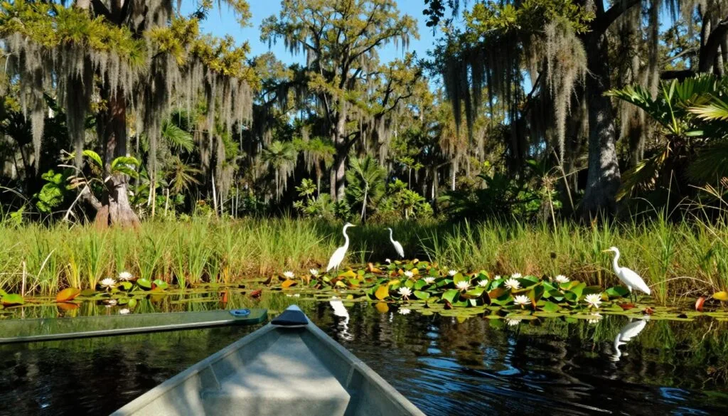 Chiono chinoshamisa cheFlorida Everglades, chinoratidza nzvimbo ine mvura ine mvura yakawanda izere nemhuka dzesango. Kumberi, chikepe chemhepo chakanyarara chinofamba zvinyoro-nyoro mumvura ine miti yakasvibira, ine mafungu akajeka anoratidza zvinomera zvakapoteredza. Musanganiswa wemaruva emvura ane simba nehuswa zviri pamativi echikepe, zvichiwedzera ruvara uye magadzirirwo. Pakati pevhu, shiri dzakasiyana-siyana dzemuno, dzakadai semaheron nemaegret, dzinotorwa dzakamira zvakanaka, dzichitsvaga pakati pemvura isina kudzika. Kumashure kwacho kwakazara nedenga guru remiti yecypress, yakafukidzwa neSpanish moss, pasi pedenga rebhuruu rakajeka. Zuva rinopenya nepakati pemashizha, richigadzira chiedza chemufirimu chinowedzera runyararo rwenzvimbo iyi, ukuwo richiratidza magadzirirwo akaomarara emakwati nemashizha. Mufananidzo uyu, muhukuru hwe8k, unoratidza kusiyana-siyana kwezvinhu zvipenyu uye runako rwechisikigo ichi chakasiyana.