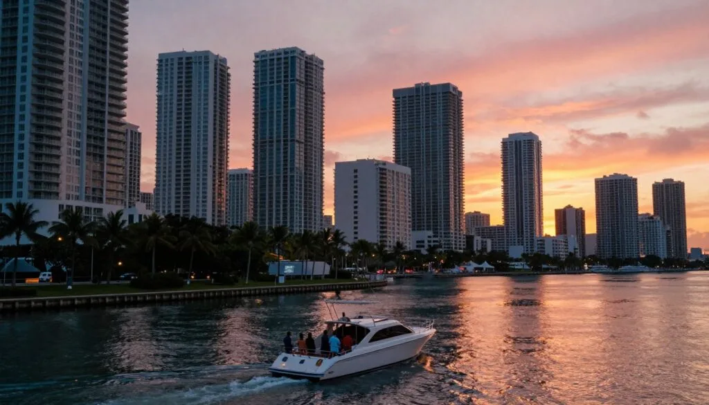 Chiono chinoshamisa cheMiami skyline pakunyura kwezuva, ichiratidza zvivako zvemazuva ano zvine mavara eorenji nepingi mumvura. Kumberi, chikepe chakanaka chinofamba nechikepe ichitevedza gungwa, neshamwari dzichinakidzwa nemaonero akanaka, dzakapfeka zvipfeko zvemazuva ose. Chikamu chepakati chine miti yemichindwe yakasvibira iri pamhenderekedzo yegungwa, nepo kumashure kune magadzirirwo eMiami anozivikanwa, kusanganisira matenga marefu ane mukurumbira eSouth Beach. Chiitiko ichi chatorwa nenzira yemifananidzo isina kurongeka, nemwenje wepafirimu uchiburitsa mimvuri yakapfava uye uchiratidza magadzirirwo akadzama ezvivakwa nemvura. Kona yacho yakasimudzwa zvishoma, ichipa maonero akanaka eskyline, ine mhepo yakanyarara uye ine simba inoratidza runako rweguta iri regungwa. Mufananidzo wacho uri mu8k resolution, uchipa kujeka kunoshamisa.
