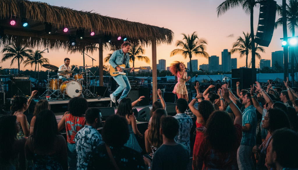 A lively Miami music scene unfolds at a vibrant outdoor concert, featuring musicians passionately performing on stage. In the foreground, a diverse audience of enthusiastic concert-goers, dressed in stylish casual attire, sways to the rhythm, illuminated by soft, colorful stage lights. The middle ground showcases the band, consisting of a guitarist, a drummer, and a vocalist, immersed in their performance, with dynamic poses and expressions reflecting the energy of the moment. In the background, palm trees and iconic Miami skyline silhouettes create a tropical atmosphere, enhanced by a dusk sky painted in warm hues. The image captures the excitement and communal joy of live music, with raw photographic quality, cinematic lighting, and highly detailed textures in 8k resolution. A lively Miami music scene unfolds at a vibrant outdoor concert, featuring musicians passionately performing on stage. In the foreground, a diverse audience of enthusiastic concert-goers, dressed in stylish casual attire, sways to the rhythm, illuminated by soft, colorful stage lights. The middle ground showcases the band, consisting of a guitarist, a drummer, and a vocalist, immersed in their performance, with dynamic poses and expressions reflecting the energy of the moment. In the background, palm trees and iconic Miami skyline silhouettes create a tropical atmosphere, enhanced by a dusk sky painted in warm hues. The image captures the excitement and communal joy of live music, with raw photographic quality, cinematic lighting, and highly detailed textures in 8k resolution.