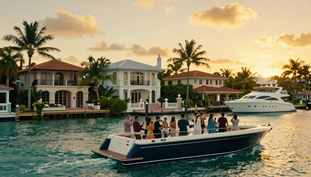 Mufananidzo wakanaka werwendo rwechikepe rwemhando yepamusoro rwuchitsvedza mumvura ine ruvara rwebhuruu yeMiami South Beach, ruchiratidza dzimba dzevakakurumbira dzinodhura dziri pamhenderekedzo yegungwa. Kumberi, chikepe chemazuva ano chakanaka, chakazara neboka revashanyi vakasiyana-siyana, vakapfeka zvipfeko zvisina kujairika asi zvine runako, vachitora mifananidzo vachifara. Chikamu chepakati chine dzimba dzakanaka dzegungwa dzine miti yakasvibirira, miti yemichindwe ichizunguzika zvinyoro nyoro mumhepo, uye zvikepe zvakanaka zviri pedyo. Kumashure kunoratidza kunyura kwezuva kunopenya kuchikanda mavara anodziya, egoridhe mudenga, zvichiratidza pamusoro pemvura. Chiitiko ichi chakabatwa mu8k resolution nemwenje wemafirimu, zvichiratidza magadzirirwo akanyatsotsanangurwa edzimba uye mamiriro ekunze akanyarara erwendo rwekuona nzvimbo dzakanaka.