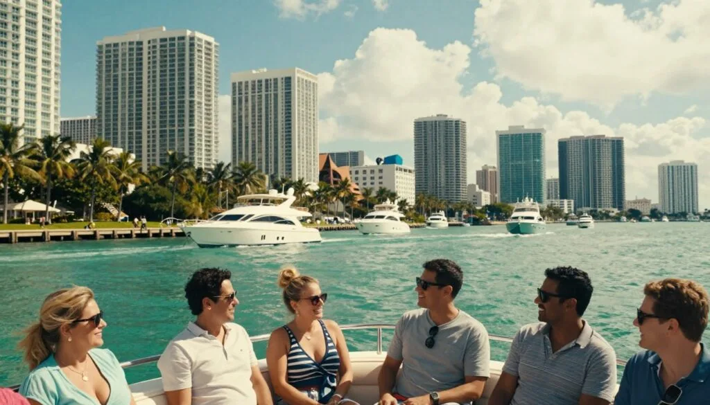 Chiratidziro chakanaka chinoratidza mabhenefiti ekufamba nechikepe muMiami Beach. Kumberi, boka revanhu vakasiyana-siyana vanonyemwerera vakapfeka zvipfeko zvezororo zvisina kujairika vanonakidzwa nekufamba nechikepe, vakakotama pamusoro pedanda kuti vayemure maonero. Pasi pevhu pane mvura ine ruvara rwebhuruu ine zvikepe zvemhando yepamusoro uye zvikepe zvemhando yepamusoro, nepo miti yemichindwe yakasvibira iri pamhenderekedzo yegungwa. Kumashure, denga reMiami rinotaridzika zvakanaka pasi pedenga rakajeka, rine zuva rine makore akapfava. Mwenje wepafirimu wakapfava unosimbisa mavara akajeka, uchigadzira mamiriro ekunze anodziya uye anokwezva. Mufananidzo unoratidza pfungwa yekunakidzwa, kuzorora, uye kubatana nezvisikwa izvo chiitiko ichi chinoshamisa chinopa. Musanganiswa uyu unopa pfungwa yekudzika, uchitarisa pamufaro wekuongorora mahombekombe akanaka eMiami. Magadzirirwo akanyatsotsanangurwa mu8k resolution.