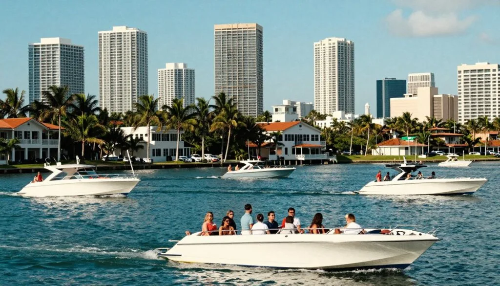 Kuratidzwa kwemafambiro emvura muMiami, kunoratidza mvura yebhuruu inopenya uye denga rakanaka reMiami riri kumashure. Kumberi, zvikepe zvakawanda zvakanaka zvinoonekwa, chimwe nechimwe chizere nevashanyi vachinakidzwa nezuva rine zuva, vakapfeka zvipfeko zvezhizha zvisina kujairika. Zvimwe zvikepe zviri kusimuka nepo zvimwe zviri kufamba zvishoma nezvishoma, zvichigadzira pfungwa yezviitiko zvine hupenyu. Pasi pepakati pane miti yemichindwe yakasvibira uye nzvimbo dzinoyevedza dzegungwa, zvichiwedzera mamiriro eMiami. Denga rakajeka uye rakajeka nemwenje wakapfava, wemufirimu unovandudza mavara akajeka uye magadzirirwo enzvimbo yacho. Tora izvi ne8k resolution, uchisimbisa ruzivo rwezvikepe, kufara kwevafambi, uye mvura inopenya ichiratidza zuva. Mafungiro ese anofadza, anokwezva, uye azere nezviitiko.