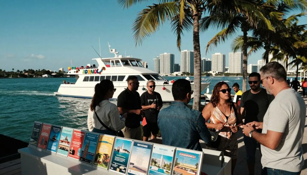 Chiono chinoyevedza chechiteshi chengarava cheMiami chine vanhu vakawanda, chinoratidza boka revanhu vakasiyana-siyana vakapfeka zvipfeko zvisina kurongeka, zvemhando yepamusoro, vachitaurirana nemutungamiriri wevashanyi ane hushamwari pachiteshi chekubhukira rwendo rwechikepe. Kumberi, kiosk yakarongeka zvakanaka inoratidza mabhurocha ane mavara akasiyana-siyana esarudzo dzerwendo rwechikepe, ichiratidza nzvimbo dzinoyevedza dzeMiami. Nzvimbo yepakati ine chikepe chakapfava chakagadzirira kusimuka, chakashongedzwa nezvishongo zvine mavara, chichitsvedza zvinyoro-nyoro mumvura ine ruvara rwebhuruu yechiteshi. Miti yemichindwe inoumba kumashure, ichiisa mimvuri yakapfava pasi pezuva rakajeka reMiami, nedenga rebhuruu rakajeka uye zvivako zvirefu zviri kure zvichipedzisa denga. Mufananidzo unofanirwa kutorwa muchiedza chemafirimu, uchisimbisa magadzirirwo enzvimbo dzakakomberedza, mu resolution ye8k kuti uwane ruzivo rwakakwana uye kujeka.