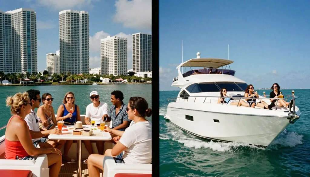 Mufananidzo wakakamurwa une sarudzo mbiri dzakasiyana dzerwendo rwechikepe muMiami Beach. Kuruboshwe, rwendo rwechikepe rwekungogara neboka diki revanhu vakasiyana-siyana vakapfeka zvakanaka, vachinakidzwa nezvinwiwa uye vachitora mifananidzo vari muchikepe chine chiedza chezuva. Kumberi kunoratidza zviso zvinofara, nepo kumashure kune denga reMiami. Kurudyi, chikepe chemhando yepamusoro chinomiririra chiitiko chepamusoro, nevanhu vakapfeka zvakanaka vachinwa champagne pavanenge vakagara pazvigaro zvepamusoro. Chikepe chinofamba mumvura ine ruvara rwebhuruu pasi pedenga rebhuruu rakajeka. Shandisa mwenje wemabhaisikopo kuti uwedzere magadzirirwo neruzivo muzviitiko zvese zviri zviviri, uchitora hunhu hwekunakidzwa kwekugara nekuzorora kwepamusoro-soro. Ita mu8k resolution kuti ujeke uye uve nechiedza.
