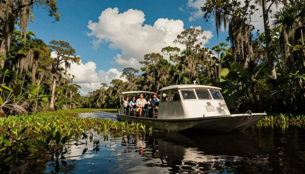 Chikepe chemudenga chinoshamisa chinofamba-famba muEverglades, chakakomberedzwa nemiti yakasvibira yakawanda nenzvimbo dzine mvura yakawanda. Kumberi, ngarava ine simba inoratidza dhizaini yayo yakanaka, nevafambi vakapfeka zvipfeko zvisina kurongeka, vachinongedzera mhuka dzesango nemufaro. Chiedza chezuva chinopinda mumiti, chichiburitsa mimvuri inoshamisa uye chichivhenekera nzvimbo yacho nechiedza chinodziya. Pakati pevhu, zvinomera zvemumachakwi zvinopenya pamusoro pemvura, ukuwo denga rebhuruu rakanaka richionekwa pamusoro, rakazadzwa nemakore machena akapfava. Kumashure kune miti yecypress iri kure yakaputirwa neSpanish moss, ichivandudza mamiriro ekunze asina kupingudzwa. Kuumbwa kwayo kunofanira kumutsa pfungwa yekushamisika, ichitora hunhu hwerwendo rwechikepe chemudenga rusingakanganwiki muEverglades. Magadzirirwo emifananidzo asina kubikwa, mwenje wemafirimu, magadzirirwo akadzama, 8k resolution.