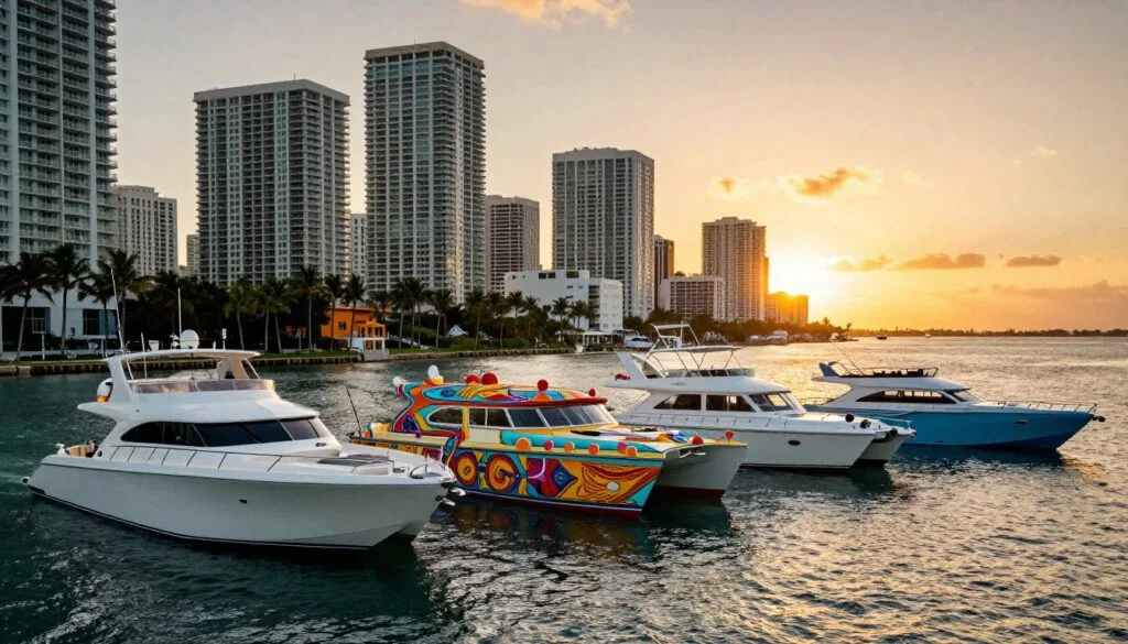 Muunganidzwa unoshamisa wezvikepe zveMiami zvekushanyira zvikepe zvakasiyana-siyana, zviri pachena pamberi, zvichiratidza magadzirirwo akasiyana-siyana ane mavara, anosanganisira catamaran inoyevedza, yacht yekare inoyevedza, uye chikepe chemagetsi chine hushamwari nezvakatipoteredza. Pasi pevhu rinoratidza denga reMiami rine miti yemichindwe nezvivakwa zvinopenya zvichiratidzwa mumvura. Kumashure, zuva rinonyura pamusoro pedenga, richikanda mavara anodziya, egoridhe mudenga uye richigadzira mafungu akapfava mugungwa. Chiitiko ichi chinotorwa nemwenje we cinematic mu resolution ye 8k, ichisimbisa magadzirirwo ezvikepe zvakadzama uye kutamba kwechiedza pamusoro pemvura. Mhepo yese inokwezva uye inofadza, yakakwana yekuratidza zviitiko zvechikepe zvisina kuenzana muMiami South Beach.