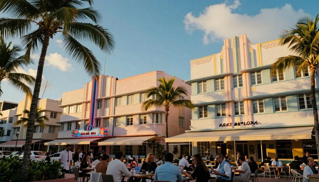 Chiono chinoshamisa chezvivakwa zveArt Deco zveMiami, zvichiratidza nzvimbo dzinoverengeka dzakakurumbira dzakadai seColony Hotel neNational Hotel. Kumberi, miti yemichindwe yakajeka inoronga nzvimbo yacho, ukuwo macafe anoyevedza ekunze ane vatengi vakapfeka zvipfeko zvemazuva ese zvinogadzira mamiriro ekunze ane hupenyu. Pakati nepakati, zvivakwa zvine ruvara rwepepuru zvinoratidza mapatani akaomarara ejometri uye zviratidzo zve neon zvakanaka, zvese zvakafukidzwa nemwenje inodziya yegoridhe yekuvira kwezuva. Kumashure kune denga rakajeka rebhuruu nemakore akapfava, zvichivandudza mamiriro ekunze etropical. Mwenje wemafirimu unoratidza magadzirirwo akadzama ezvivakwa, ukuwo chimiro chacho chakabatwa negirazi rakafara kusimbisa hukuru hwezvivakwa. Mafungiro ese anofadza uye anokwezva, achinyatso ratidza kukwezva kwemaitiro ekare eMiami. 8k resolution yekujekesa kwakanyanya uye ruzivo.