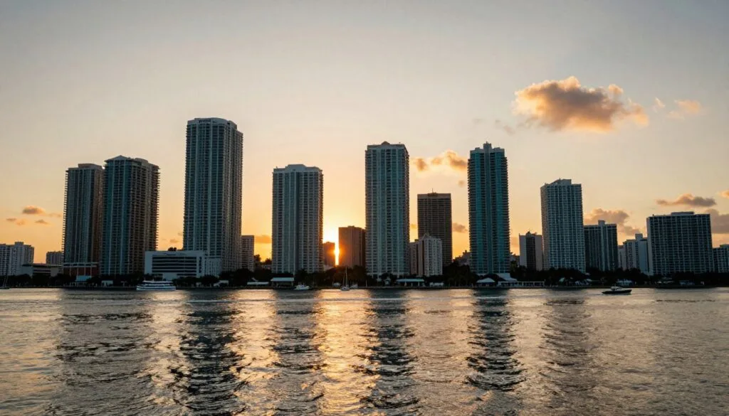 Chiono chinoshamisa cheMiami skyline kubva kuBiscayne Bay, chine zvivako zvikuru zvakaita seMiami Tower neBank of America Tower. Kumberi, mafungu eBiscayne Bay anonyatsoratidza mamiriro eguta, nezvikepe zvidiki zvichifamba-famba mumvura. Pasi pevhu panoratidza magadzirirwo emazuva ano ezvivakwa zveMiami zviri pamhenderekedzo yegungwa, ukuwo zuva richinyura kumashure, richiratidza mavara egoridhe neeorenji anodziya mudenga. Mhepo yacho yakanyarara asi ine hupenyu, ichiratidza hunhu hwenzvimbo yeMiami iri pamhenderekedzo yegungwa ine ruzha. Mufananidzo wacho unofanira kunge uri mufananidzo usina kubikwa, wakapfuma mumwenje wemafirimu, une magadzirirwo akadzama, uye wakaratidzwa mu8k resolution kuti uwane ruzivo rwakanaka.
