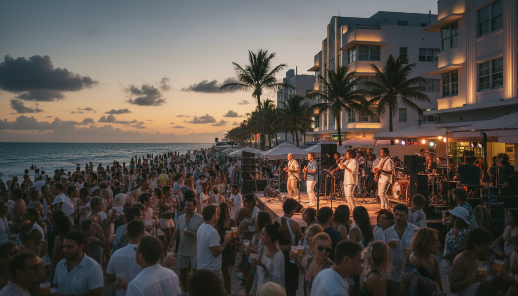 A vibrant Miami Beach scene at dusk, showcasing colorful beachside venues bursting with energy. In the foreground, a lively crowd enjoys live music, dressed in casual summer attire, with drinks in hand, swaying to the rhythm. The middle ground features a stage with musicians performing, bathed in warm, cinematic lighting, capturing their expressions and passionate performance. The background reveals iconic Art Deco buildings illuminated in pastel hues, palm trees swaying gently in the evening breeze, and a sunset casting a golden glow over the ocean waves. The atmosphere radiates excitement and a sense of community, inviting viewers into the pulsating heart of Miami's music scene. The image is captured in 8k resolution with highly detailed textures and a slight photographic blur to enhance depth. A vibrant Miami Beach scene at dusk, showcasing colorful beachside venues bursting with energy. In the foreground, a lively crowd enjoys live music, dressed in casual summer attire, with drinks in hand, swaying to the rhythm. The middle ground features a stage with musicians performing, bathed in warm, cinematic lighting, capturing their expressions and passionate performance. The background reveals iconic Art Deco buildings illuminated in pastel hues, palm trees swaying gently in the evening breeze, and a sunset casting a golden glow over the ocean waves. The atmosphere radiates excitement and a sense of community, inviting viewers into the pulsating heart of Miami's music scene. The image is captured in 8k resolution with highly detailed textures and a slight photographic blur to enhance depth.