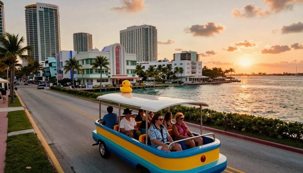 Nzira yeMiami Duck Tour ine simba inoratidza zviratidzo zvinoshamisa munzvimbo ine simba uye inodyidzana. Kumberi, mota ine mavara ine vashanyi vachinakidzwa nemaonero, vakapfeka zvipfeko zvisina kurongeka asi zvine fashoni, inoratidza kufara kwerwendo. Nzvimbo yepakati ine zviratidzo zveMiami zvakakurumbira zvakaita seArt Deco Historic District, Miami Beach, neBiscayne Bay, zvese zvakavezwa nemagadzirirwo akajeka. Kumashure kunovhenekera kunyura kwezuva kunoshamisa pamusoro pegungwa, kuchivhenekera chiedza chinodziya chemufirimu munzvimbo yacho. Tora izvi kubva pakona yakakwira zvishoma, uchisimbisa mitsara yemiti yemichindwe iri mumigwagwa uye mamiriro ekunze ane hupenyu muguta. Mufananidzo wacho unofanirwa kumutsa pfungwa yekunakidzwa, uchikoka vaoni kuti vatange ruzivo rwavo rweDuck Tour, muhukuru hwe8k.