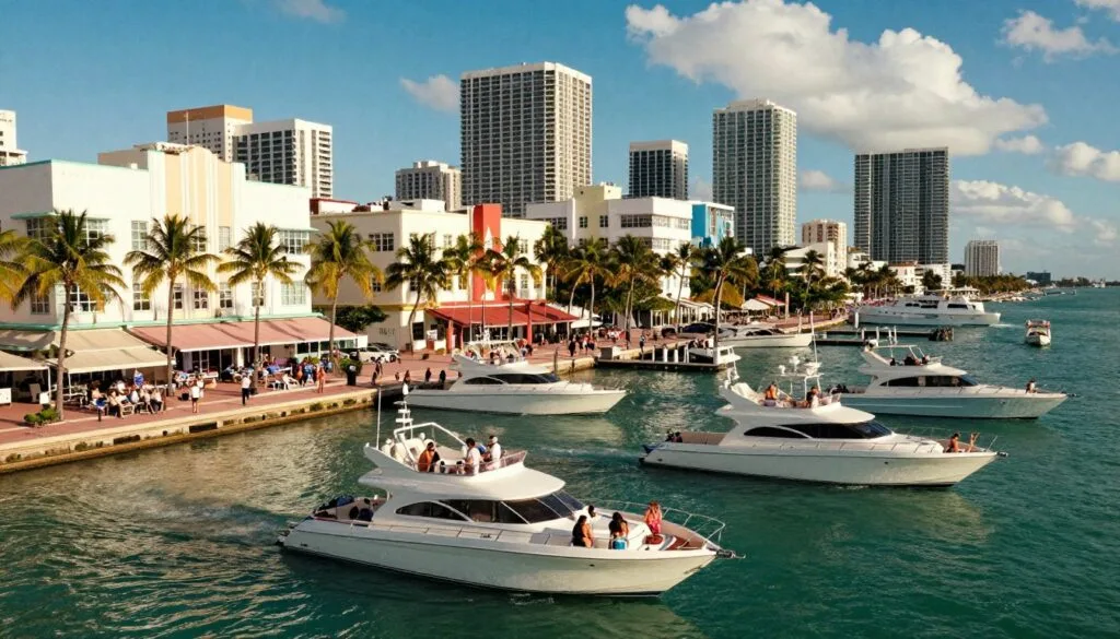 Chiono chinopenya cheMiami South Beach mudenga chinoratidza rwendo rwakasiyana-siyana rwezvikepe. Kumberi, zvikepe zvakawanda zvakanaka uye zvemazuva ano zvine vafambi, kusanganisira mhuri neshamwari dzakapfeka zvipfeko zvisina kujairika, zvakaungana pedyo negungwa reArt Deco. Pasi pevhu pane marina ine hupenyu ine vanhu vanokwira zvikepe, uye miti yemichindwe ichizunguzika zvinyoro-nyoro muzuva rinodziya. Kumashure, mvura yebhuruu inopenya yeAtlantic Ocean inopesana nedenga rebhuruu rakajeka rine makore machena akapfava, ukuwo denga reMiami richiratidzika zvakanaka. Mwenje unodziya uye unoshamisa, uchitora hunhu hwezuva rine zuva. Mufananidzo unofanirwa kuva nemagadzirirwo akanyatsotsanangurwa, uve neresolution ye8k, uye unokurudzira pfungwa yekunakidzwa uye kuzorora.
