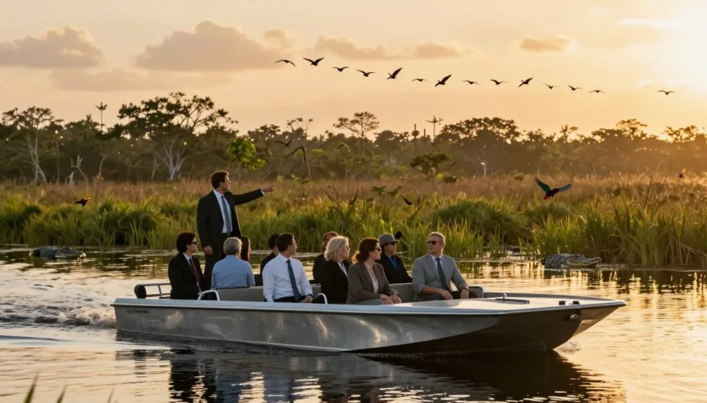 Chikepe chendege chine simba chiri kufamba-famba munzvimbo dzine mvura yakawanda dzeFlorida Everglades, chinoratidza sarudzo dzerwendo rwepachivande nerweboka. Kumberi, chikepe chendege chine ganda rinopenya rine ganda realuminium rakatakura boka revanhu vakasiyana-siyana vakapfeka zvipfeko zvebasa, kusanganisira mutungamiriri wevashanyi achinongedzera kuboka reshiri dziri kure. Chikamu chepakati chinosanganisira miti yakasvibira neuswa hurefu hunoratidza runyararo rwenzvimbo ine mvura, nekuona mhuka dzesango dzakadai semakwekwe neshiri dzine mavara zvinoonekwa zvishoma. Kumashure kune kunyura kwezuva kunodziya kuchikanda mimvuri inoshamisa, zvichiwedzera mamiriro emufirimu. Chiitiko chacho chinotorwa negirazi rakafara, rinotarisa pakubatana kuri pakati pechikepe chendege nenzvimbo yechisikigo, chakavhenekerwa nemwenje wegoridhe, wakapfava, muhukuru hwe8k.