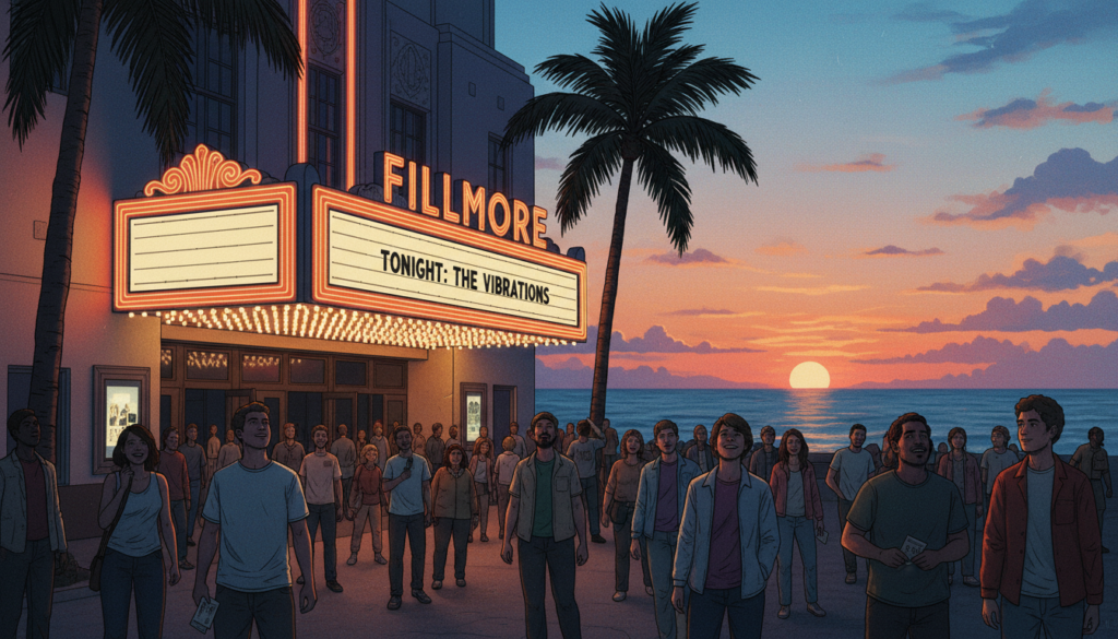 A vibrant and dynamic illustration of the Fillmore Miami Beach, showcasing its iconic Art Deco architecture under a stunning twilight sky. In the foreground, capture the grand entrance with illuminated marquee lights, adorned with lush palm trees swaying gently in the ocean breeze. The middle ground features an audience of diverse music enthusiasts in modest casual clothing, eagerly gathering outside, embodying excitement for an upcoming concert. The background reveals a soft-focus view of the Atlantic Ocean, with subtle waves reflecting the glowing sunset hues. Utilize cinematic lighting to enhance the textures of the venue, creating a lively atmosphere. The image should be captured in 8k resolution, offering highly detailed textures to emphasize the rich history and culture of this renowned concert venue.