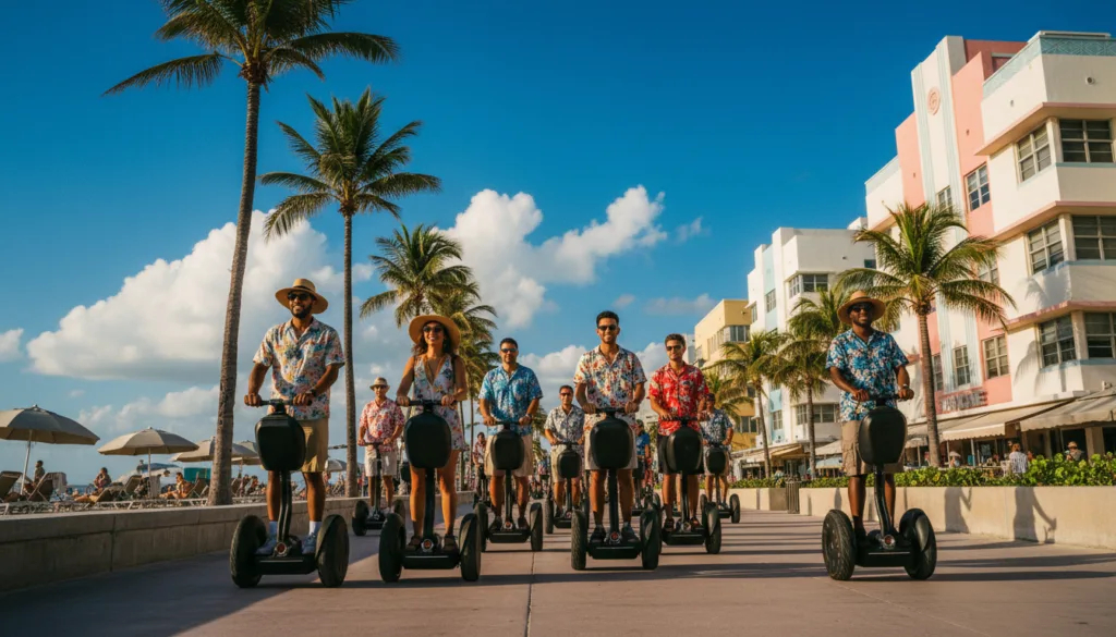 Chiono chine simba uye chinoyevedza chinobata boka revashanyi vakasiyana-siyana vachitasva mabhiza eSegways vachifara vachitevedza nzvimbo ine zuva yeMiami Beach. Kumberi, vanhu vemarudzi akasiyana-siyana, vakapfeka mbatya dzine mavara akasiyana-siyana, vanofamba nemabhiza avo eSegways vachinyemwerera, vachiratidza pfungwa yekunakidzwa. Pakati penzvimbo iyi pane miti yemichindwe ichizunguzika zvinyoro-nyoro uye vanoenda kumahombekombe vachinakidzwa nezuva, ukuwo zvivakwa zveArt Deco zveOcean Drive zvichikwira zvakanaka kumashure. Denga rakajeka rine makore machena akapfava, akawedzerwa nechiedza chinodziya, chine mabhaisikopo. Rakatorwa negirazi rakafara kuti risimbise mamiriro ekunze ane hupenyu, mufananidzo wacho unoratidza magadzirirwo akajeka uye mavara anopenya, zvichiratidza kufara kwekuongorora Miami naSegway muhukuru hwe8k.