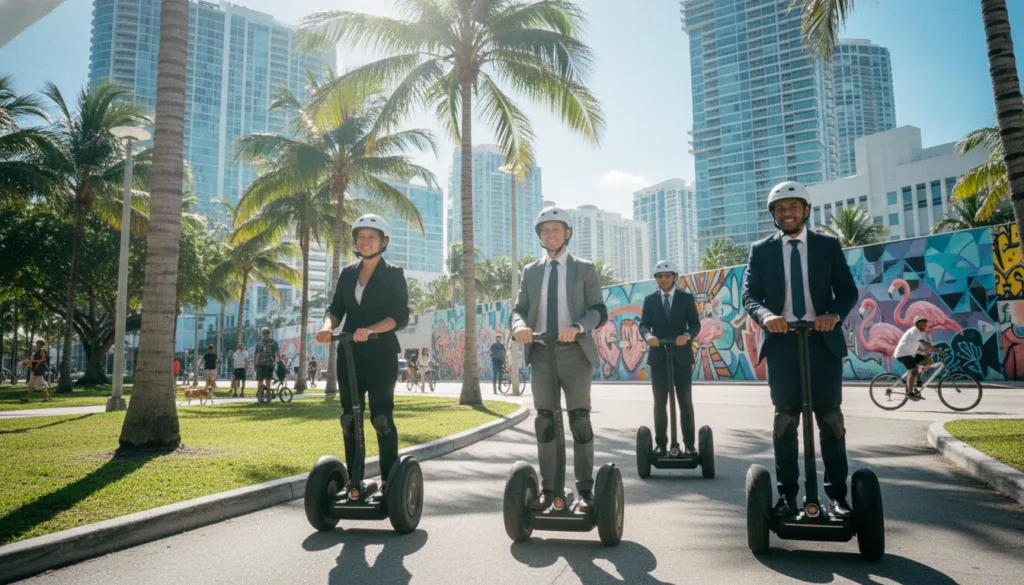 Chiitiko chine simba uye chinoyevedza cherwendo rwesegway muMiami, chine boka revashanyi vakapfeka zvipfeko zvehunyanzvi vachitasva segways vachipfuura nepaki yeguta ine chiedza chezuva. Kumberi, tora vashanyi vatatu vachinyemwerera, vakapfeka ngowani nemidziyo yekuchengetedza, vachifamba munzira ine miti yemichindwe yakasvibira. Nzvimbo yepakati inoratidza zvivakwa zvemazuva ano nehunyanzvi hwemumugwagwa hune mavara hunowanzoitwa mutsika yeMiami, ukuwo vagari vemo vachifamba netsoka vachitasva mabhasikoro, zvichiwedzera mamiriro ekunze ane hupenyu. Shandisa mwenje wemafirimu kuti uwedzere denga rebhuruu rakajeka nemigwagwa yakanyoroveswa nezuva, zvichigadzira mamiriro emufaro uye anokwezva. Mufananidzo unofanirwa kutsanangurwa zvakanyanya nemagadzirirwo anomiririra nharaunda yeguta, anoratidzwa mu8k resolution kuti ajekese zvinoshamisa.
