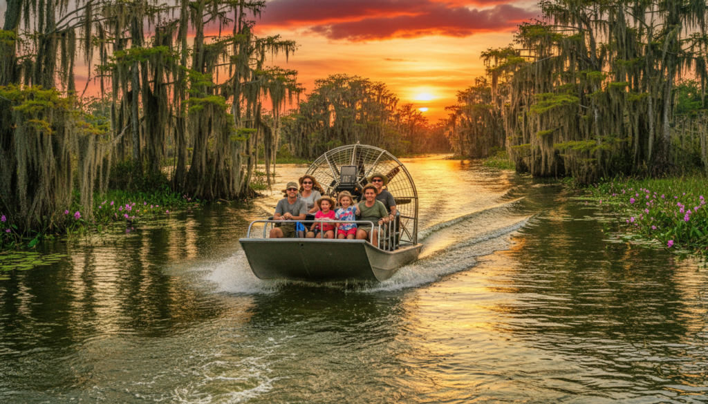 A vibrant depiction of an Everglades airboat tour adventure, showcasing a dynamic airboat gliding through the lush, green swamps. In the foreground, capture the airboat with its powerful engine and passengers, dressed in modest casual clothing, smiling as they experience the thrill of the ride. The middle ground features tall cypress trees draped with Spanish moss and scattered patches of colorful wildflowers along the water's edge. In the background, a stunning sunset casts a warm golden glow over the scene, with reflections shimmering in the water. Use cinematic lighting to enhance the textures of the vegetation and the glossy surface of the water, aiming for an 8k resolution to capture every detail. The overall mood is adventurous yet serene, inviting viewers to feel the excitement of exploring the Everglades. A vibrant depiction of an Everglades airboat tour adventure, showcasing a dynamic airboat gliding through the lush, green swamps. In the foreground, capture the airboat with its powerful engine and passengers, dressed in modest casual clothing, smiling as they experience the thrill of the ride. The middle ground features tall cypress trees draped with Spanish moss and scattered patches of colorful wildflowers along the water's edge. In the background, a stunning sunset casts a warm golden glow over the scene, with reflections shimmering in the water. Use cinematic lighting to enhance the textures of the vegetation and the glossy surface of the water, aiming for an 8k resolution to capture every detail. The overall mood is adventurous yet serene, inviting viewers to feel the excitement of exploring the Everglades.