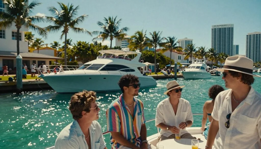 Chifananidzo chine simba, chinoyevedza chinoratidza boka reshamwari dziri kugadzirira rwendo rwechikepe muMiami South Beach. Kumberi, vanhu vatatu vakapfeka zvipfeko zvakajeka, zvisina kujairika zvakakodzera rwendo rwechikepe chine zuva—hembe ine mavara, magirazi ezuva, nengowani yakafara yekudzivirira zuva. Pasi pevhu pane chikepe chemazuva ano chakamiswa panzvimbo ine gungwa ine hupenyu, nemvura yegungwa ine ruvara rwebhuruu ichipenya pasi pezuva rakajeka. Kumashure, miti yemichindwe inoyevedza inozunguzika zvinyoro-nyoro, uye denga reSouth Beach rine hupenyu rinoonekwa padenga rebhuruu rakajeka. Mhepo yacho inofadza uye inokwezva, ichitora mufaro wezuva riri mumvura. Kupenya kwemvura kunowedzera kupenya kwenzvimbo yacho muchimiro chinoshamisa che8k, nemwenje wemufirimu unowedzera kudziya nekudzika.