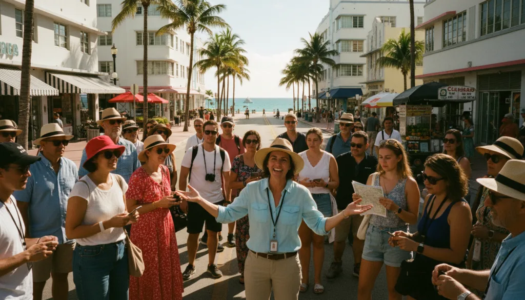 Яркая сцэна, якая адлюстроўвае разнастайную групу турыстаў на бясплатнай экскурсіі па Маямі на фоне знакавай архітэктуры ў стылі арт-дэко. На пярэднім плане вясёлы гід ажыўлена жэстыкулюе ў элегантна-паўсядзённым адзенні, а людзі з розным паходжаннем, апранутыя адпаведна сонечнаму дню, уважліва слухаюць і фатаграфуюць. На сярэднім плане — пальмы, якія мякка гайдаюцца, а таксама віднеюцца прыязныя вулічныя прадаўцы і мясцовыя крамы. На заднім плане пад яркім сонечным святлом зіхацяць бірузовыя воды ўзбярэжжа Маямі. Агульная атмасфера жывая і прывабная, выклікае пачуццё прыгод і даследаванняў. Знята ў дазволе 8k з кінематаграфічным асвятленнем, якое падкрэслівае складаныя тэкстуры будынкаў і радасныя выразы твараў людзей.