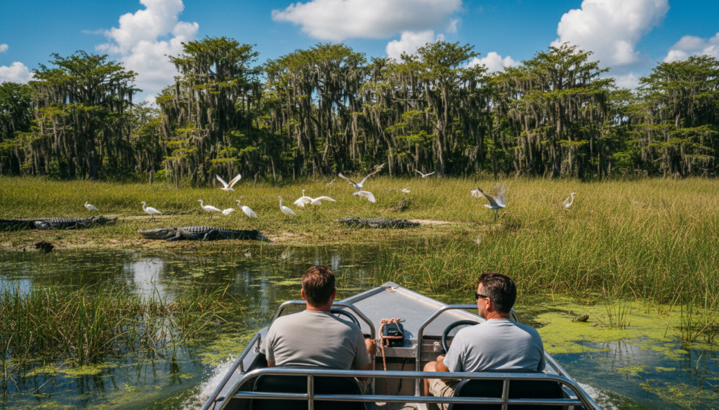 A vibrant scene capturing an exhilarating airboat adventure in the Everglades. In the foreground, a shiny airboat with professional guides wearing casual clothing, navigating through lush wetland waters teeming with green vegetation. In the middle ground, alligators lounging on sunlit banks and wading birds, such as herons and egrets, taking flight, showcasing the rich biodiversity of the ecosystem. The background features a dense tapestry of cypress trees draped in Spanish moss under a bright blue sky with fluffy white clouds. The lighting is cinematic, highlighting the textures of the water and greenery, while the angle captures the dynamic movement of the airboat. The overall mood is adventurous and awe-inspiring, illustrating the unique experience of exploring the Everglades. Raw photograph, highly detailed textures, 8k resolution. A vibrant scene capturing an exhilarating airboat adventure in the Everglades. In the foreground, a shiny airboat with professional guides wearing casual clothing, navigating through lush wetland waters teeming with green vegetation. In the middle ground, alligators lounging on sunlit banks and wading birds, such as herons and egrets, taking flight, showcasing the rich biodiversity of the ecosystem. The background features a dense tapestry of cypress trees draped in Spanish moss under a bright blue sky with fluffy white clouds. The lighting is cinematic, highlighting the textures of the water and greenery, while the angle captures the dynamic movement of the airboat. The overall mood is adventurous and awe-inspiring, illustrating the unique experience of exploring the Everglades. Raw photograph, highly detailed textures, 8k resolution.