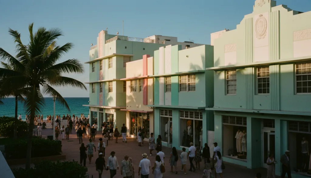 Chiratidziro chine simba chinobata hunhu hwekuvakwa kweArt Deco muSouth Beach, chine zvivakwa zvine ruvara rwepepuru zvine maumbirwo ejometri uye zvinhu zvakaoma kunzwisisa. Kumberi, muti wemuchindwe unozununguka zvinyoro nyoro mumhepo, vanhu vachifamba-famba munzira, vakapfeka zvipfeko zvemazuva ese, vachikurukura. Pakati penzvimbo iyi pane zvitoro zveArt Deco, zvakavhenekerwa nechiedza chinodziya, chine mabhaisikopo chinoratidza mavara azvo akajeka. Kumashure, gungwa rebhuruu rakajeka rinopenya pasi pedenga rakajeka, richiwedzera musiyano unozorodza. Mhepo yacho ine hupenyu asi yakasununguka, ichiratidza mweya unoshamisa weMiami. Chimiro chacho chakatorwa kubva pakona yakakwira zvishoma kuti chitore hupenyu hwemumugwagwa hune ruzha uye runako rwezvivakwa, nemufananidzo wakaratidzwa muchimiro chinoshamisa che8k kuti uwedzere magadzirirwo uye zvinhu zvakasiyana.