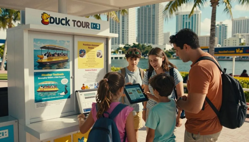 Chiratidziro chine simba chinoratidza nzvimbo yekubhuka "Duck Tour" muMiami. Kumberi, mhuri yevanhu vana, vakapfeka mbatya dzisina kurongeka, dzine mavara, vari kuongorora nemufaro mudziyo wedhijitari unoratidza ruzivo rwerwendo. Nzvimbo yepakati ine kiosk yakagadzirwa zvakanaka ine mifananidzo yakajeka yezvikepe zvedhadha, zvipo zvakakosha, nezvinhu zvekushambadzira. Miti yemichindwe yakajeka uye denga reMiami zvinogadzira mamiriro ekunze ane hupenyu kumashure. Mwenje unodziya uye unofadza, uchitora chimiro chezuva rine zuva muMiami, nemimvuri yakapfava ichivandudza magadzirirwo enzvimbo yemaguta. Shandisa kona yebhaisikopo kusimbisa kudyidzana pakati pemhuri nekiosk, uchiratidza mufaro wekuronga kutsvaga guta kunonakidza. Mufananidzo wakaratidzwa mu8k resolution ine magadzirirwo akadzama.
