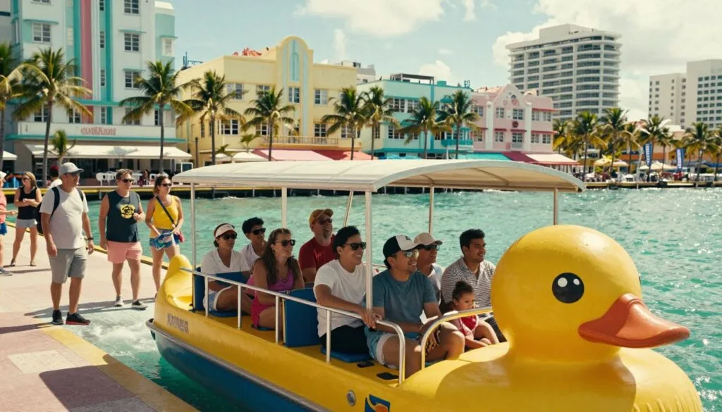 Chiratidziro chine simba chinoratidza rwendo rweDuck Tour kuSouth Beach, Miami, rwuchiratidza mota ine mavara yakakomberedzwa nevashanyi vanoda kuziva zvakawanda. Kumberi, mhuri neshamwari dzinonyemwerera dzakapfeka zvipfeko zvezhizha zvisina kujairika dzakaungana dzakatenderedza chikepe chedhadha, vachiratidza kufara nekutarisira. Nzvimbo yepakati ine dhizaini yeArt Deco yeSouth Beach, yakapendwa nemavara epastel, ichiwedzera mamiriro ekunze ane hupenyu. Kumashure, mvura yegungwa ine ruvara rwebhuruu inopenya ichipenya pasi pezuva rakajeka, ichigadzira mamiriro matsva uye anofadza. Mufananidzo wacho unoratidza kukosha kwerwendo runonakidza, nemwenje webhaisikopo uchisimbisa ruzivo rwenzvimbo uye uchisimbisa magadzirirwo eguta nemotokari. Mufananidzo wacho unotorwa kubva pakona yakakwira zvishoma, uchipa maonero anochinja-chinja, muhukuru hunoshamisa hwe8k.