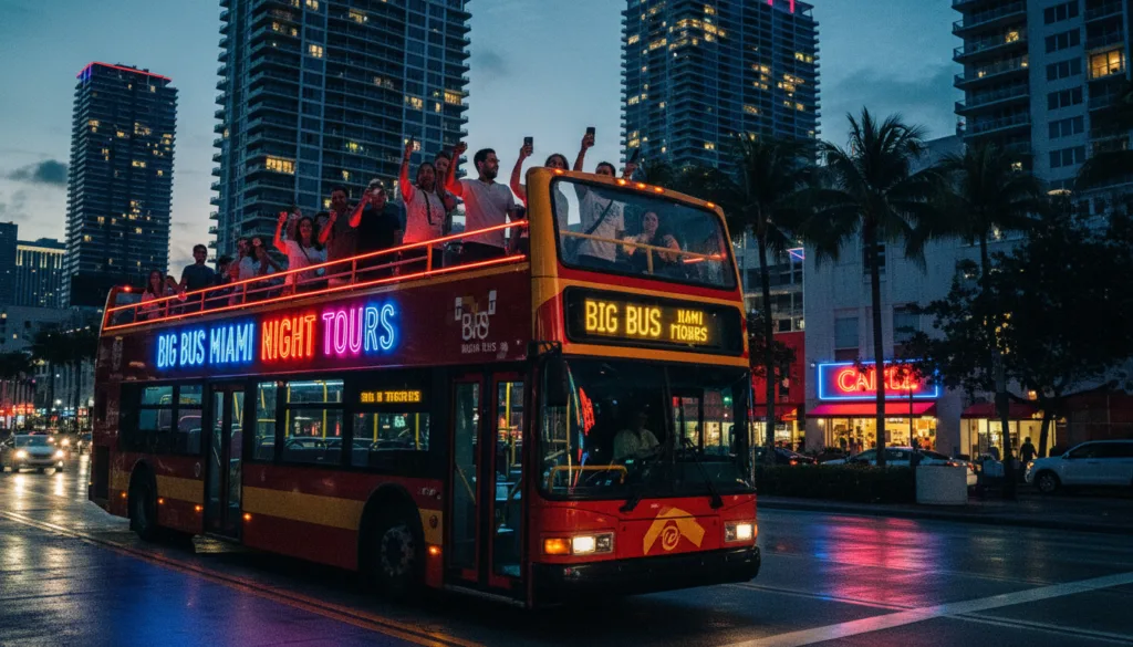 Яркая сцэна аўтобуса "Big Bus Miami Night Tours", асветленага рознакаляровымі гарадскімі агнямі. На пярэднім плане культавы двухпавярховы аўтобус дэманструе свае яркія шыльды на фоне ажыўленых гарадскіх вуліц. На сярэднім плане намаляваны турысты ў паўсядзённым адзенні, якія атрымліваюць асалоду ад паездкі і фіксуюць ажыўленую атмасферу сваімі смартфонамі. На заднім плане паказаны гарызонт Маямі з цудоўнымі хмарачосамі і пальмамі пад змрочным небам. На выяве бачна дынамічнае свячэнне неонавых шыльдаў і адлюстраванні ў лужынах на асфальце, ствараючы кінематаграфічную атмасферу. Кампазіцыя пастаўлена з нізкага ракурсу, што падкрэслівае аўтобус і ўзмацняе адчуванне пагружэння, адначасова дэманструючы яркае начное жыццё ў дазволе 8k з вельмі дэталізаванымі тэкстурамі.