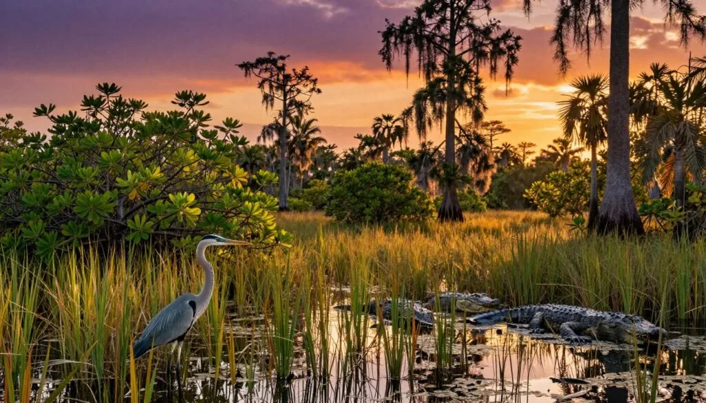 Mufananidzo unoshamisa weFlorida Everglades wakazara nemhuka dzesango, uchiratidza nzvimbo ine miti yakawanda. Kumberi, shiri inoyevedza iri mumvura isina kudzika pakati pehuswa hwakakura, ukuwo dzimwe shiri dzichigara pasi pezuva rinodziya. Pasi pevhu pane miti yakasiyana-siyana, kusanganisira miti yemipata nemiti mirefu yecypress, yese ichionekwa mumvura. Kumashure, kunyura kwezuva kunopenya denga neruvara rweorenji nepepuru, zvichivhenekera nzvimbo yakanyarara. Mwenje wacho wakaita segoridhe uye une firimu, zvichipa nzvimbo yacho kunzwa kunodziya uye kunokwezva. Mufananidzo uyu wakabatwa mu8k resolution ine magadzirirwo akadzama, unoratidza runyararo uye rwendo rwekuongorora mhuka dzesango dzinopenya dzeEverglades.