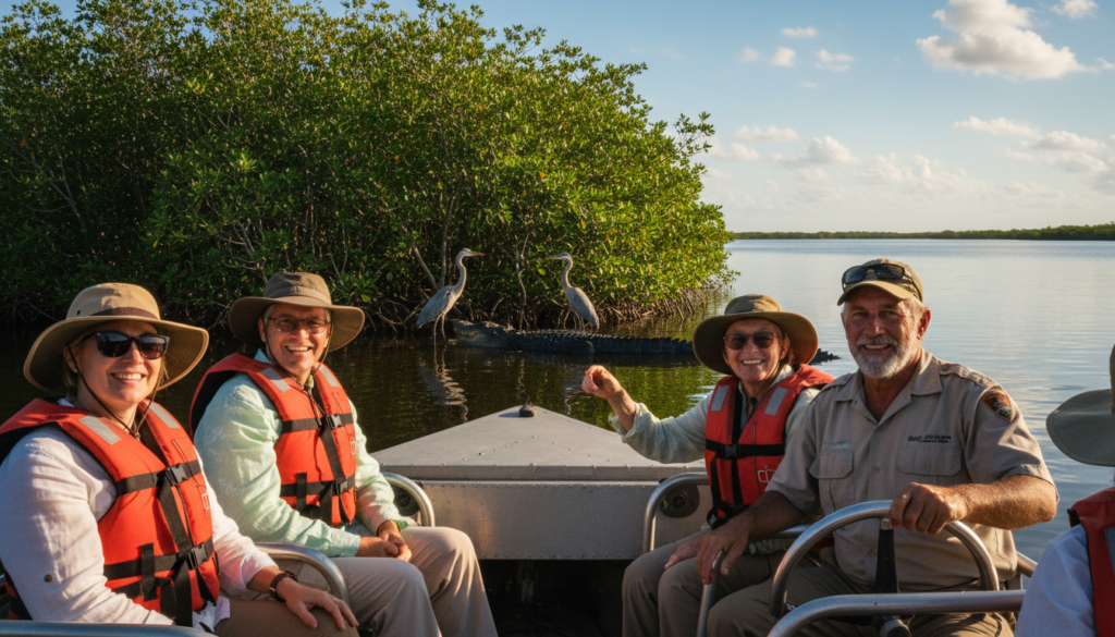 A vibrant scene showcasing a group of tourists on an authorized Everglades National Park tour. In the foreground, a diverse group of four people dressed in modest casual clothing stands aboard an airboat, all wearing life jackets and smiling excitedly, while a knowledgeable tour guide points out wildlife. The middle ground features lush, green mangroves and shimmering waters reflecting the blue sky, with herons and alligators visible among the vegetation, adding to the experience of the natural setting. The distant background reveals a sprawling landscape of the Everglades with a bright sun casting dramatic shadows and warm, cinematic lighting, enhancing the tranquility and adventure of the scene. Captured in 8k resolution, focusing on highly detailed textures to evoke a sense of immersion in this unique ecosystem. A vibrant scene showcasing a group of tourists on an authorized Everglades National Park tour. In the foreground, a diverse group of four people dressed in modest casual clothing stands aboard an airboat, all wearing life jackets and smiling excitedly, while a knowledgeable tour guide points out wildlife. The middle ground features lush, green mangroves and shimmering waters reflecting the blue sky, with herons and alligators visible among the vegetation, adding to the experience of the natural setting. The distant background reveals a sprawling landscape of the Everglades with a bright sun casting dramatic shadows and warm, cinematic lighting, enhancing the tranquility and adventure of the scene. Captured in 8k resolution, focusing on highly detailed textures to evoke a sense of immersion in this unique ecosystem.