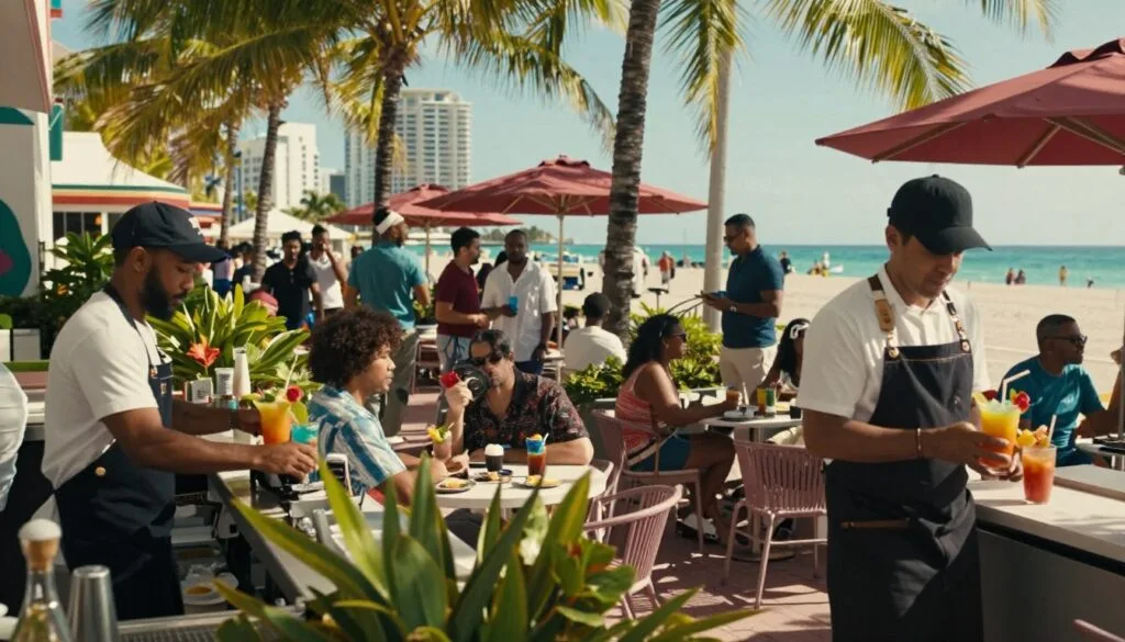 Chiratidziro chemugwagwa chine simba muMiami's South Beach, chinoratidza cafe yemunharaunda izere nehupenyu. Kumberi, murista akapfeka zvipfeko zvehunyanzvi anogadzirira zvinwiwa zvine mavara enzvimbo dzinopisa, ukuwo vanhu vaviri vakapfeka zvisina kurongeka vachitaurirana nyaya patafura yekunze yakashongedzwa nemiti yenzvimbo dzinopisa. Nzvimbo yepakati ine boka revanhu vakasiyana-siyana vari kukurukura zvine hupenyu, vachimiririra zvishongo zvetsika zveMiami. Kumashure kunoratidza zvivakwa zveArt Deco zviri pamhenderekedzo yegungwa, negungwa rebhuruu rakanaka richionekwa kure. Zuva rinopenya nepakati pemiti yemichindwe, richiburitsa mimvuri ine matema panzvimbo yacho, zvichigadzira mamiriro ekunze anodziya uye anokwezva. Rakatorwa nechiedza chemafirimu chine magadzirirwo akadzama, muchimiro che8k resolution, kuti riratidze runako rwakasiyana uye ruzivo rwetsika dzeMiami.