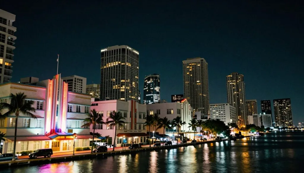 Zvivakwa zveMiami zvinoyevedza zvakavhenekerwa husiku, zvichiratidza zvivakwa zveArt Deco zvakasiyana-siyana zviri paOcean Drive pamberi nemavara e neon anopenya achiratidza pamugwagwa wakanyorova. Pakati nepakati, tora mifananidzo yakanaka yezvivakwa zvemazuva ano, zvakaita seMiami Tower neOne Thousand Museum, zvichipesana nedenga rakazara nenyeredzi. Kumashure, mvura yakadzikama yeBiscayne Bay inoratidza mwenje inopenya yeguta, ichigadzira mamiriro ekunze akadzikama. Shandisa mwenje webhaisikopo kuti uvandudze magadzirirwo ezvivakwa, uchitarisa pakadzika uye zvakadzama, zvakatorwa kubva pakona yakaderera kuti usimbise hukuru hwezvivakwa. Vavarira mufananidzo we8k resolution unoratidza mamiriro ekunze ane hupenyu asi akajeka eMiami manheru.